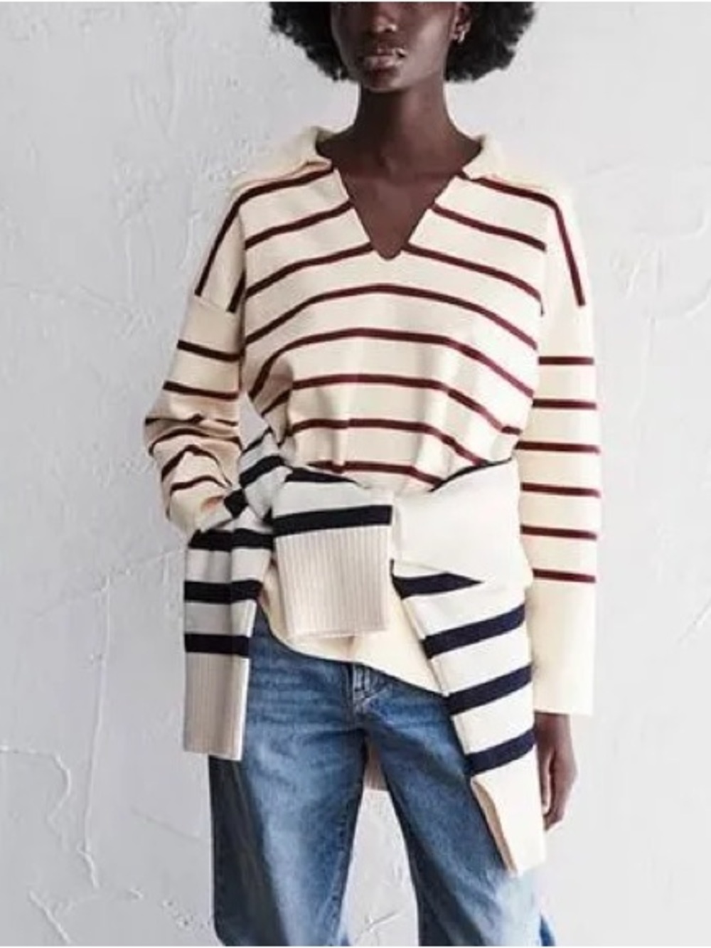 Zara Cream V-Neck Pullover Sweater with Burgundy Stripes
